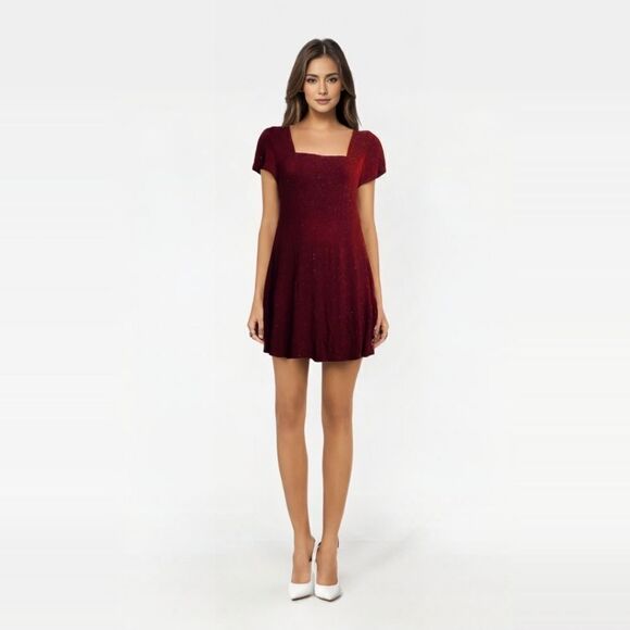 VINTAGE 90s red sparkle All That Jazz square neck stretch swing dress M‎ - Picture 1 of 10